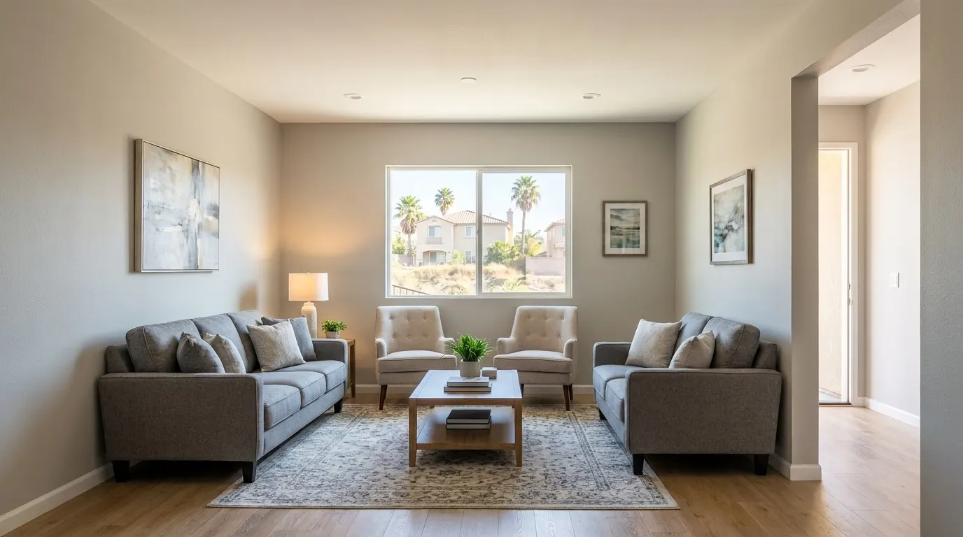 Same living room fully rebuilt and restored after fire damage