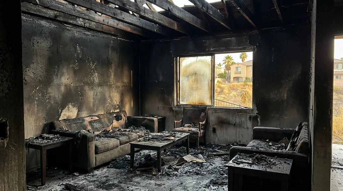 Living room with severe fire damage and charred walls before restoration