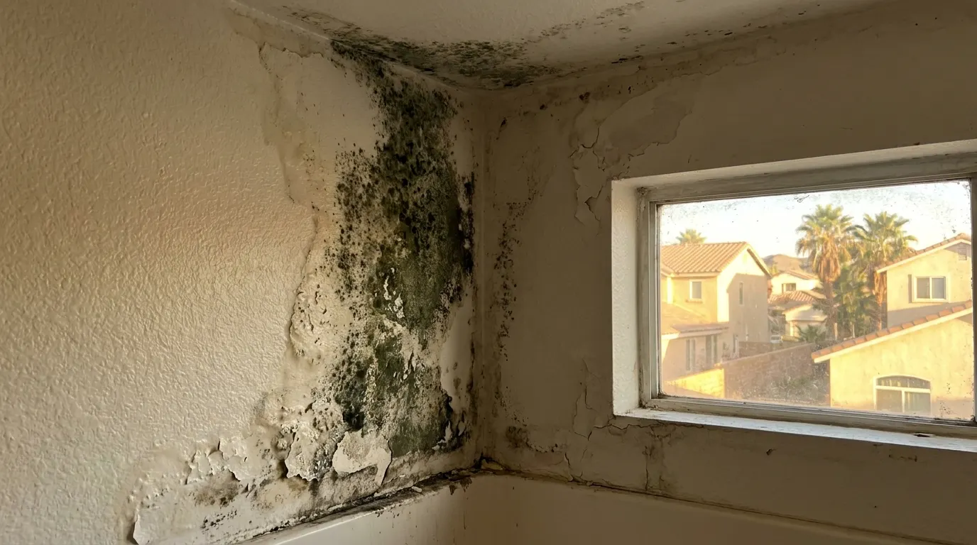 Bathroom wall with spreading mold before remediation