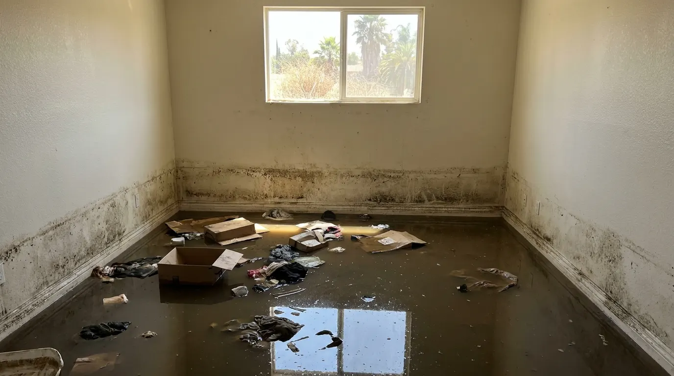 Basement flooded wall to wall by a sewage backup before cleanup