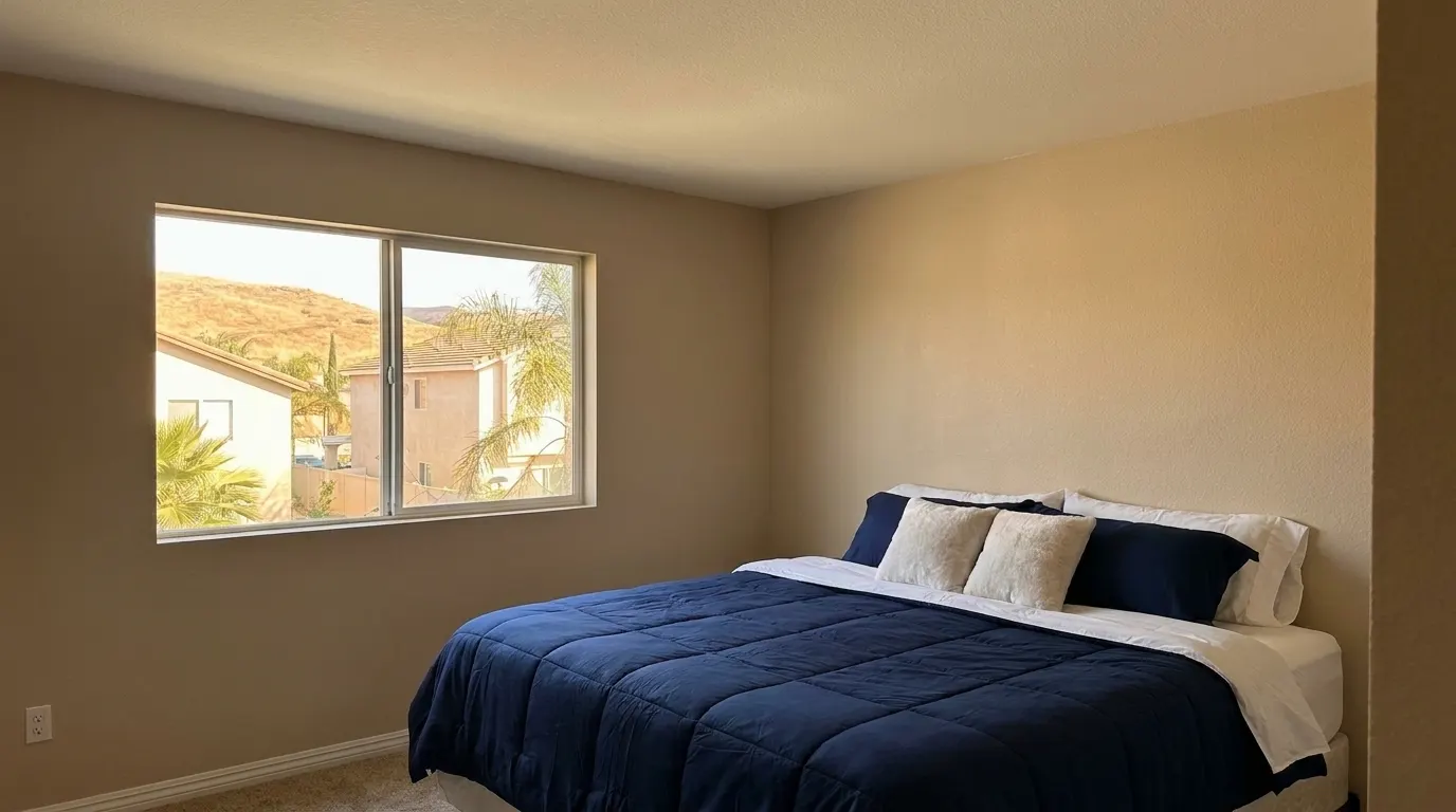 Same bedroom with rebuilt ceiling after storm damage restoration