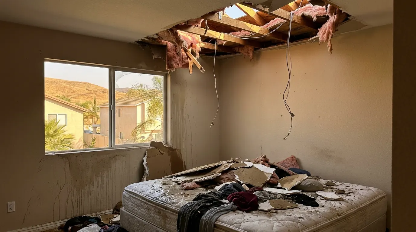 Bedroom with collapsed ceiling and storm debris before repair