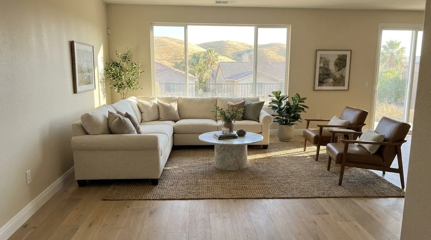 Same living room with new premium plank flooring and repaired walls after restoration