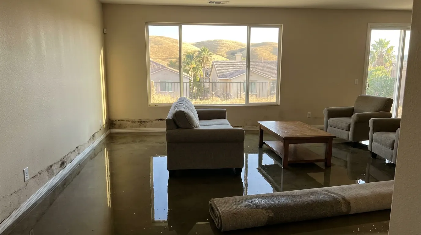 Flooded living room with standing water before restoration